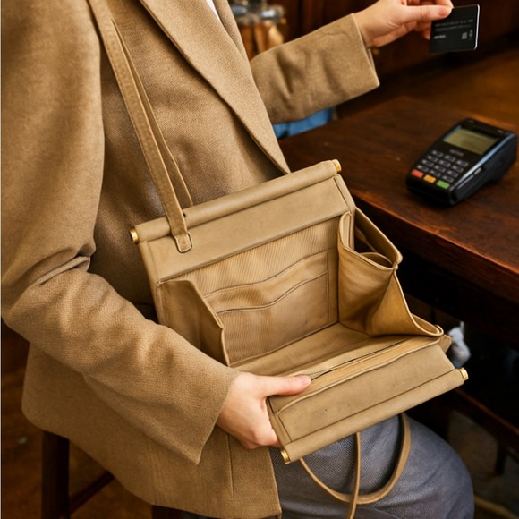 Vintage Judith Leiber for Bonwit Teller Double-Gusset Frame Bag — Taupe Leather - Picture 3 of 16